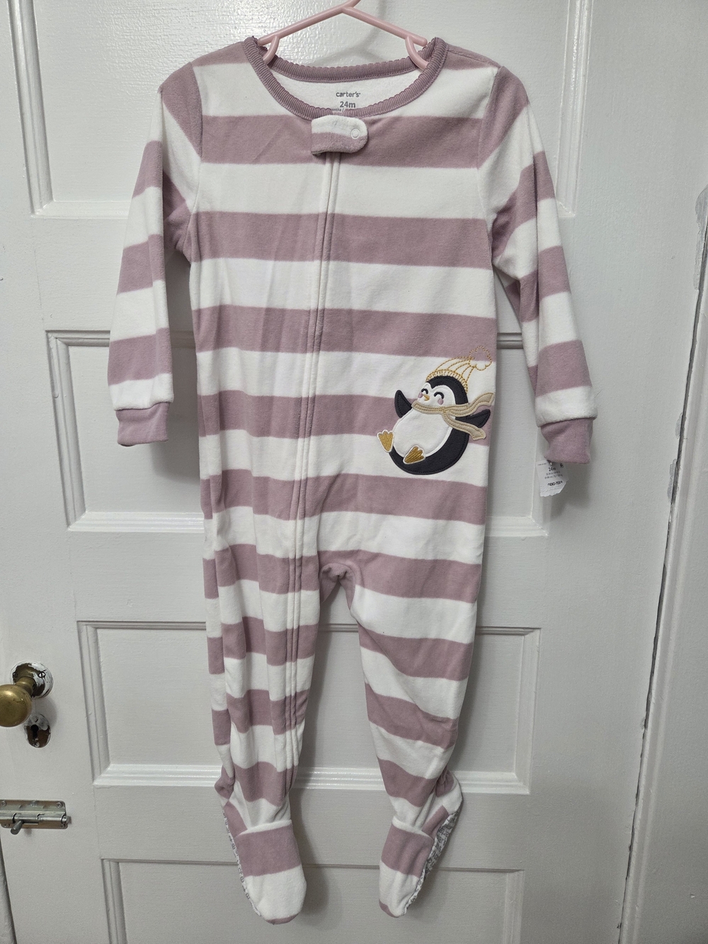 Carter's Mauve and White Striped Penguin Footed Pajama One-Piece